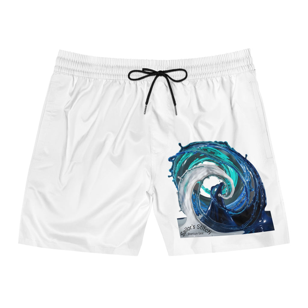 Nautical Yacht Wake-Designed Men's Mid-Length Swim Shorts, Mesh Pockets, Polyester & Spandex Swimwear, Pool Party Wear, Custom name option, Ocean Wave Inspired, Sailing apparel