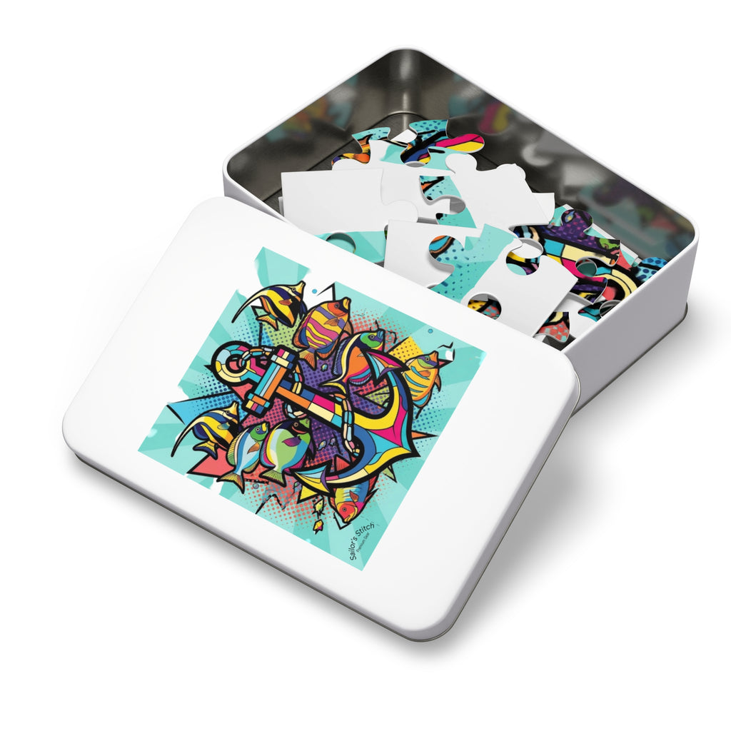 Pop Art Anchor & Fish Youth Jigsaw Puzzle with Tin, Custom Name Option Gift for Marine Lovers, Fun Family Activity, Relaxation Puzzle, Nautical saloon accessories
