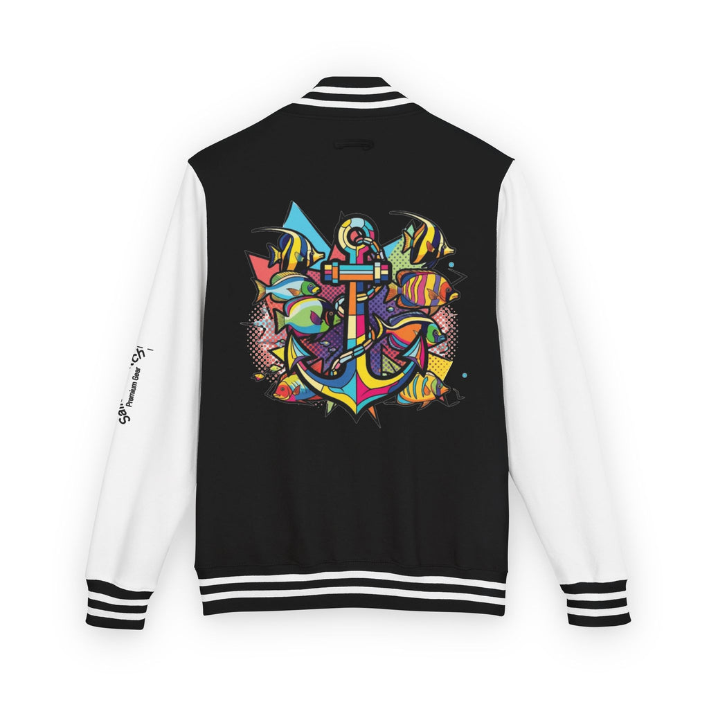 Jacket. Yacht Anchor Pop Art Sailors Stitch Outerwear, Unisex Heavyweight Letterman Jacket Retro, Nautical apparel, Sports Events, Casual Outings, and Gift Giving