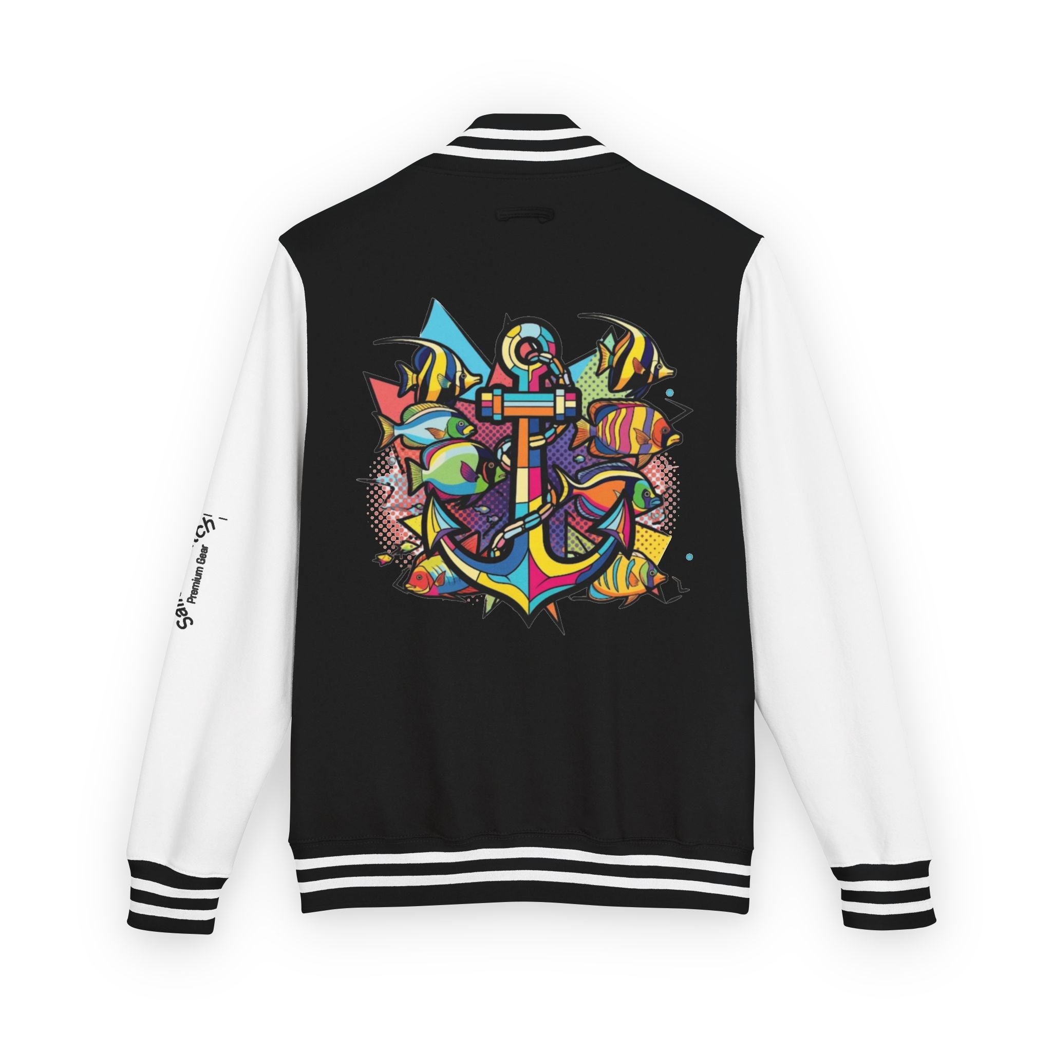 Jacket. Yacht Anchor Pop Art Sailors Stitch Outerwear, Unisex Heavyweight Letterman Jacket Retro, Nautical apparel, Sports Events, Casual Outings, and Gift Giving