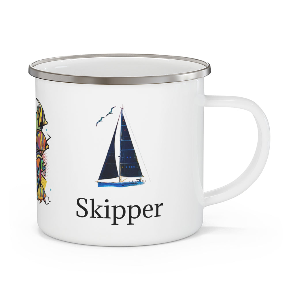 Pop Art Skipper Sailors Enamel Mug, Nautical Sailboat Cup, Ocean Adventure Gift, Camping Coffee Mug, Outdoor Enamel Mug, Coastal Drinkware, Galley accessories