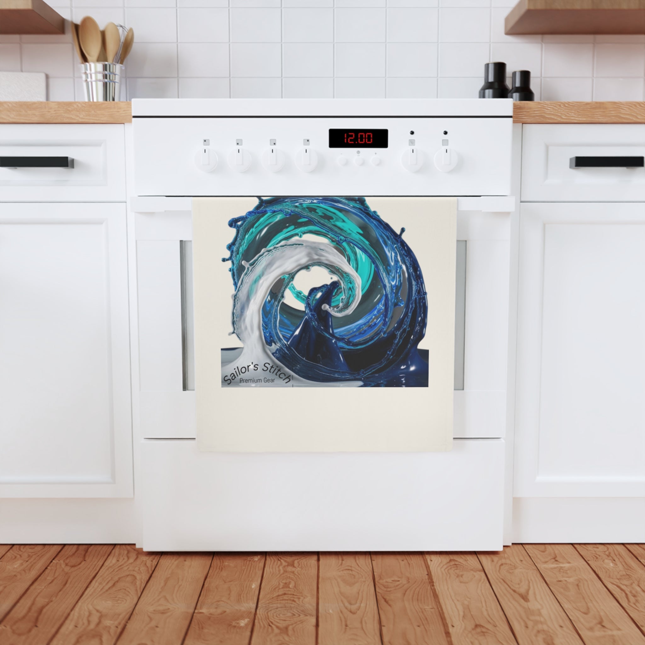 Nautical Wave Cotton Galley Tea Towel, Coastal Kitchen Decor, Marine Gift, Seafood Lover's Kitchenware, Beach House Accessories