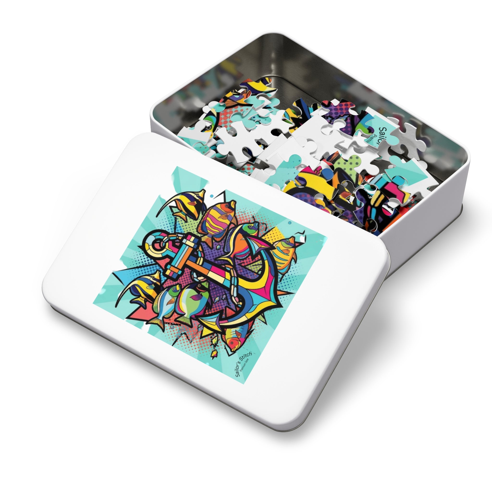Pop Art Anchor & Fish Youth Jigsaw Puzzle with Tin, Custom Name Option Gift for Marine Lovers, Fun Family Activity, Relaxation Puzzle, Nautical saloon accessories