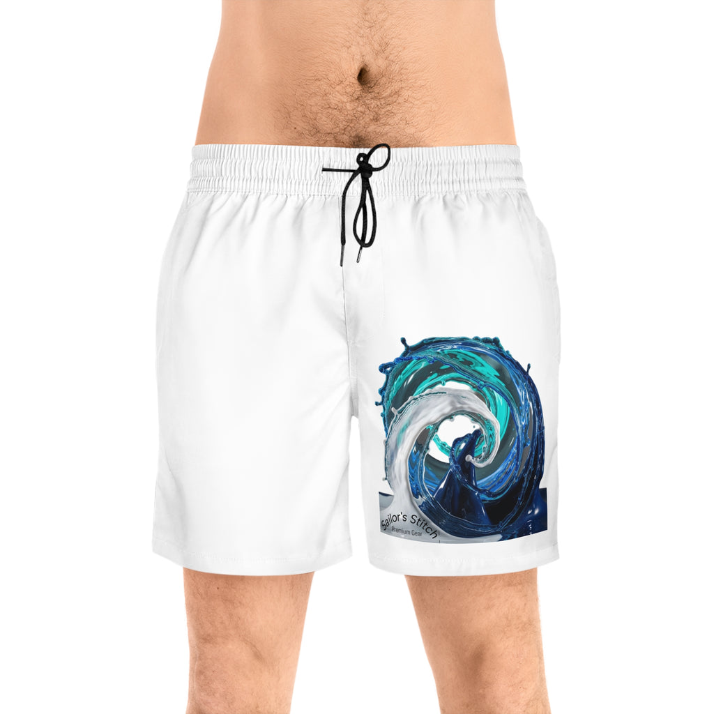 Nautical Yacht Wake-Designed Men's Mid-Length Swim Shorts, Mesh Pockets, Polyester & Spandex Swimwear, Pool Party Wear, Custom name option, Ocean Wave Inspired, Sailing apparel
