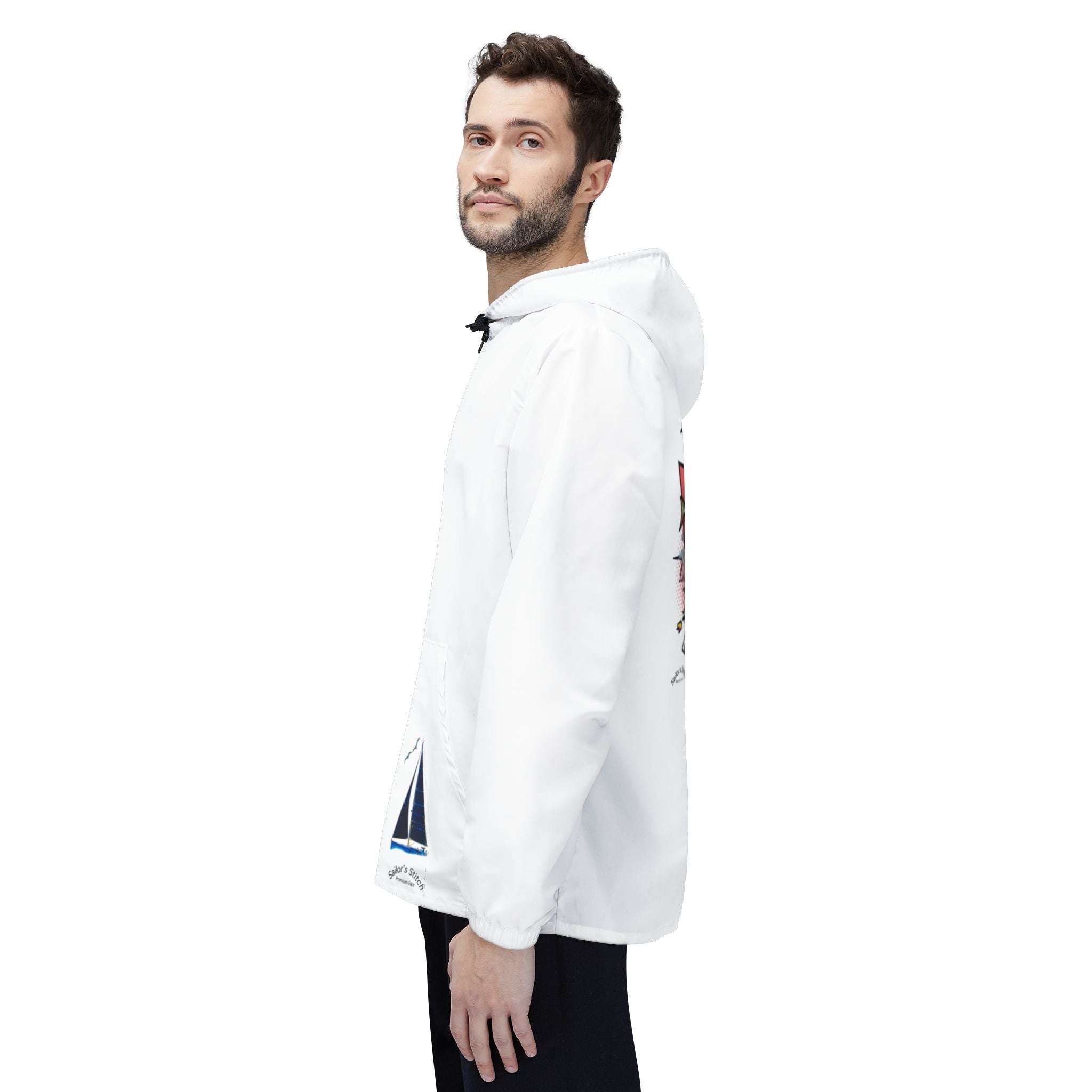 Jacket. Pop Art Sailors Stitch White Windbreaker, Customisable Name, Nautical Outerwear, Lightweight Coat, Sailboat Apparel, Boating Gear, Nautical apparel