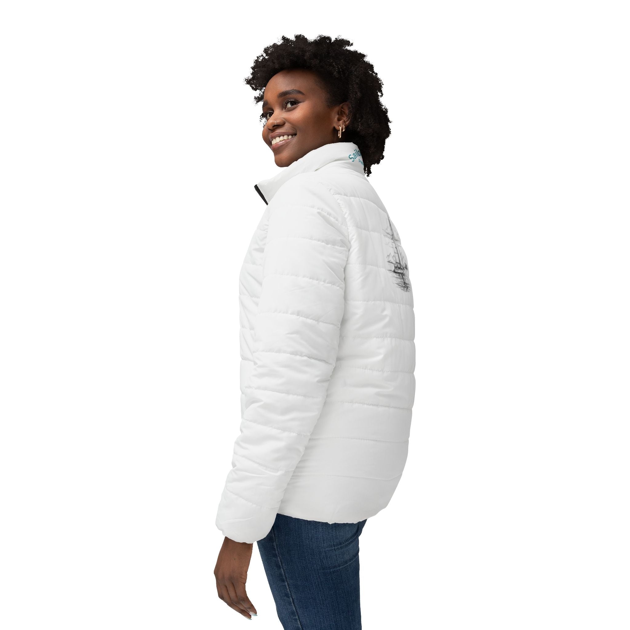 Sailboat Sketch Women’s Puffer Jacket – Nautical Apparel- Lightweight Quilted Coat.  Outerwear