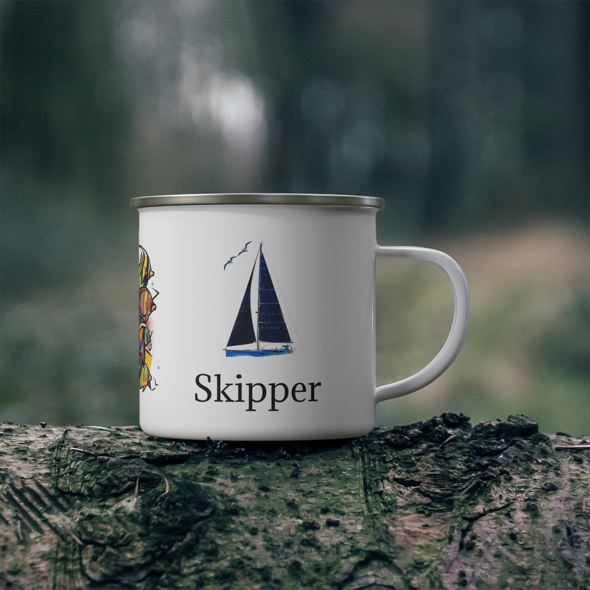 Pop Art Skipper Sailors Enamel Mug, Nautical Sailboat Cup, Ocean Adventure Gift, Camping Coffee Mug, Outdoor Enamel Mug, Coastal Drinkware, Galley accessories