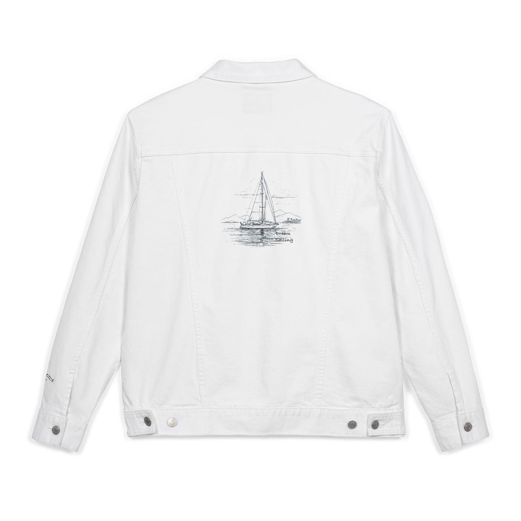 Sailors Yacht Unisex Embroidered Denim Jacket, Casual Outerwear, Summer Layering, Perfect for Festivals, Unique Gift Idea, Nautical apparel