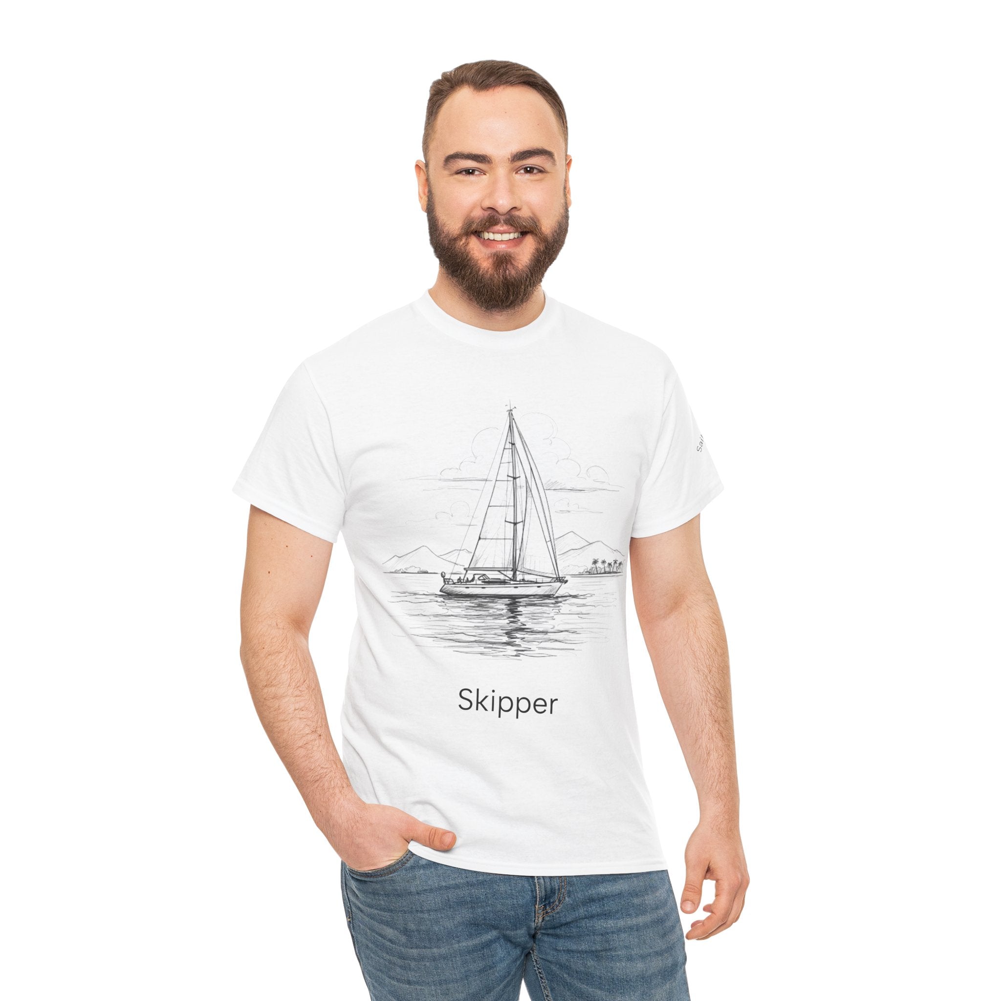 ‘Skipper’ & Yacht Design Heavy Cotton Boat Tee, Sailor’s Stitch customisable name, Ocean Theme Shirt, Casual Wear, Gift for Sailors, Apparel, Inspirational Tee