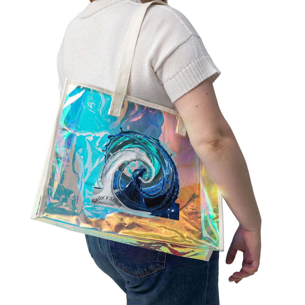 Nautical Wave Holographic Beach Tote Bag, Custom name option, Stylish PVC Sailing Tote, Shiny Pool Tote Accessories, Perfect for Vacations, Transparent Beach Bag