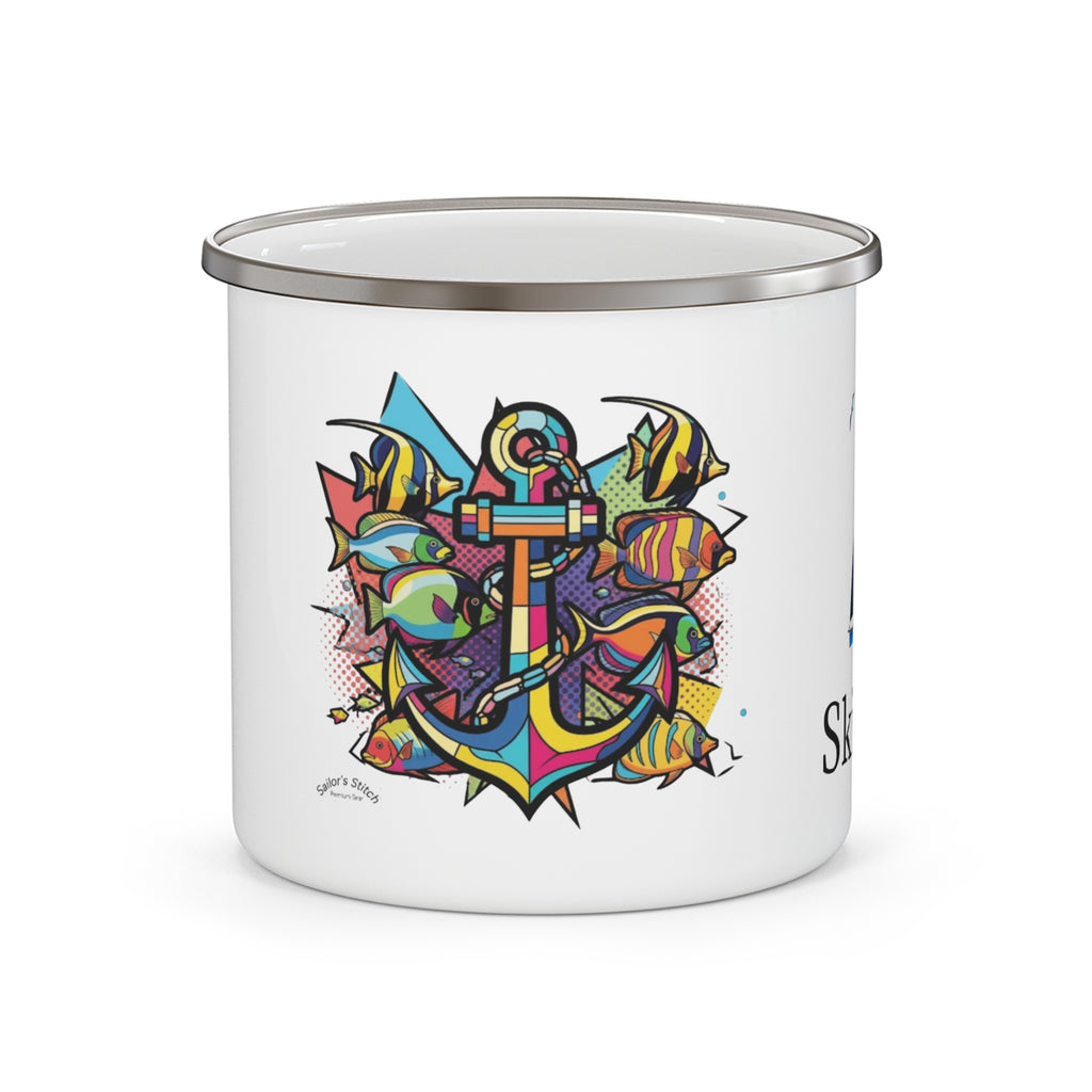 Pop Art Skipper Sailors Enamel Mug, Nautical Sailboat Cup, Ocean Adventure Gift, Camping Coffee Mug, Outdoor Enamel Mug, Coastal Drinkware, Galley accessories