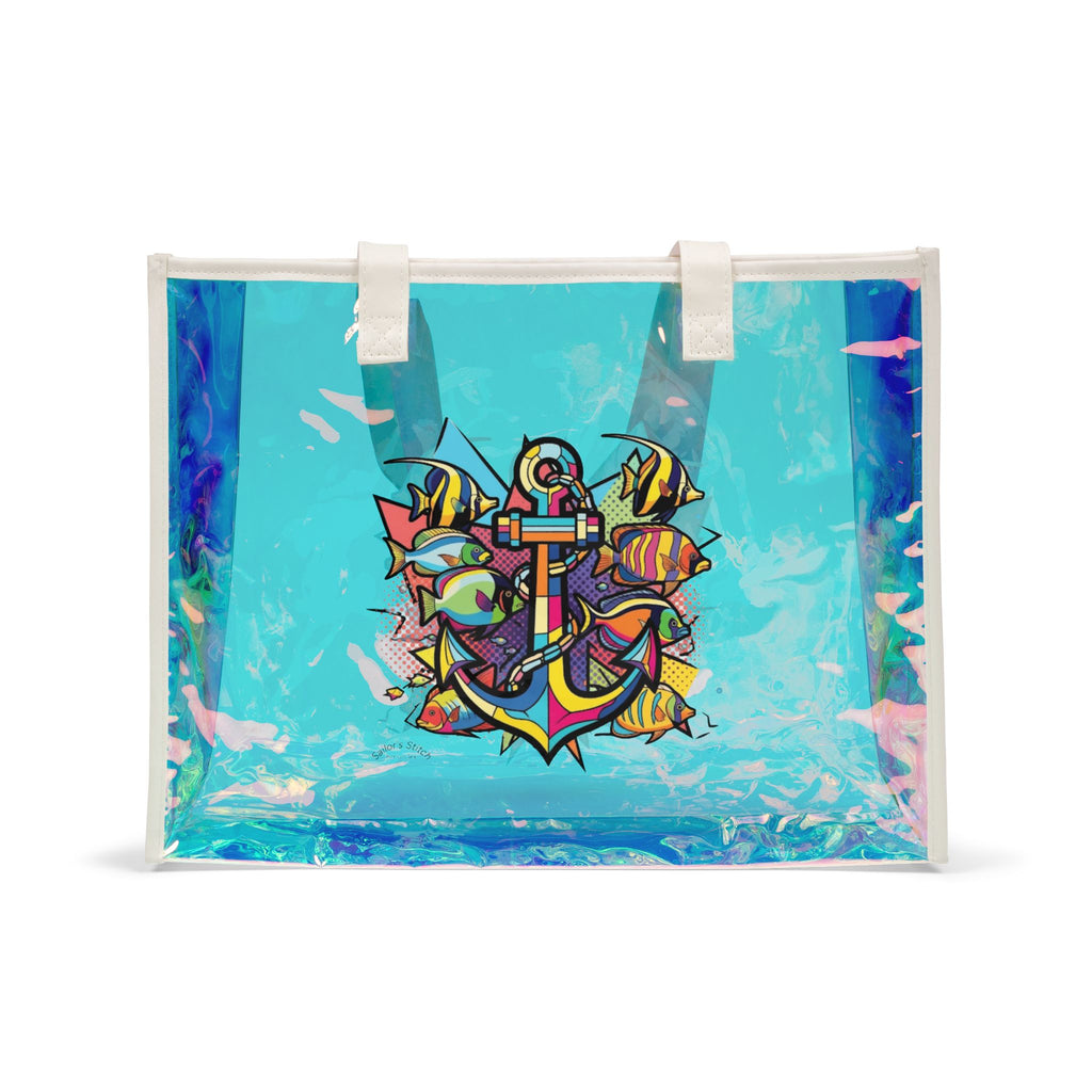 Anchor Pop Art Holographic Boat Tote Bag, Custom name option, Stylish PVC Sailing Tote, Shiny Pool Tote Accessories, Perfect for Vacations, Transparent Beach Bag