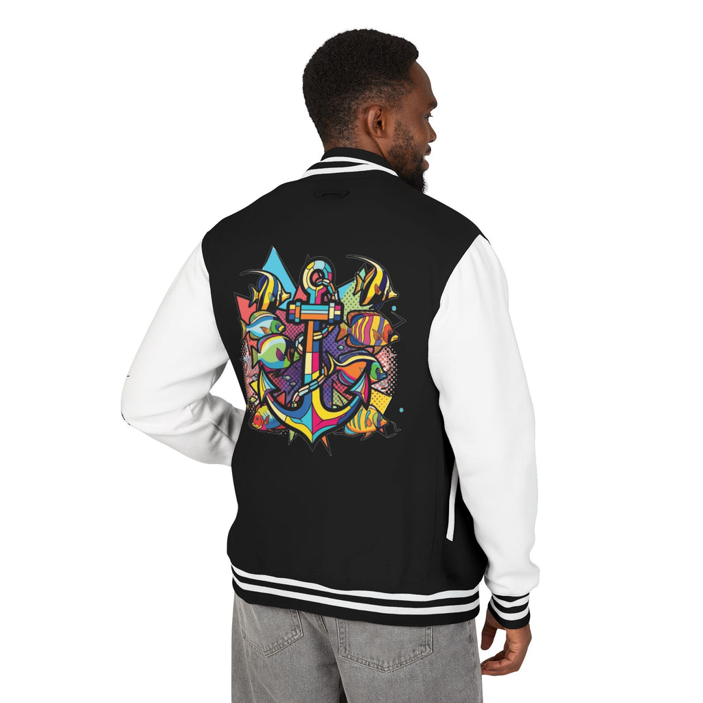 Jacket. Yacht Anchor Pop Art Sailors Stitch Outerwear, Unisex Heavyweight Letterman Jacket Retro, Nautical apparel, Sports Events, Casual Outings, and Gift Giving