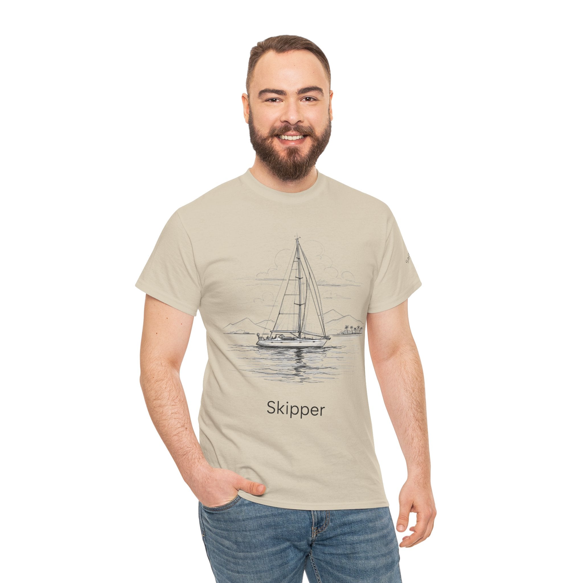 ‘Skipper’ & Yacht Design Heavy Cotton Boat Tee, Sailor’s Stitch customisable name, Ocean Theme Shirt, Casual Wear, Gift for Sailors, Apparel, Inspirational Tee