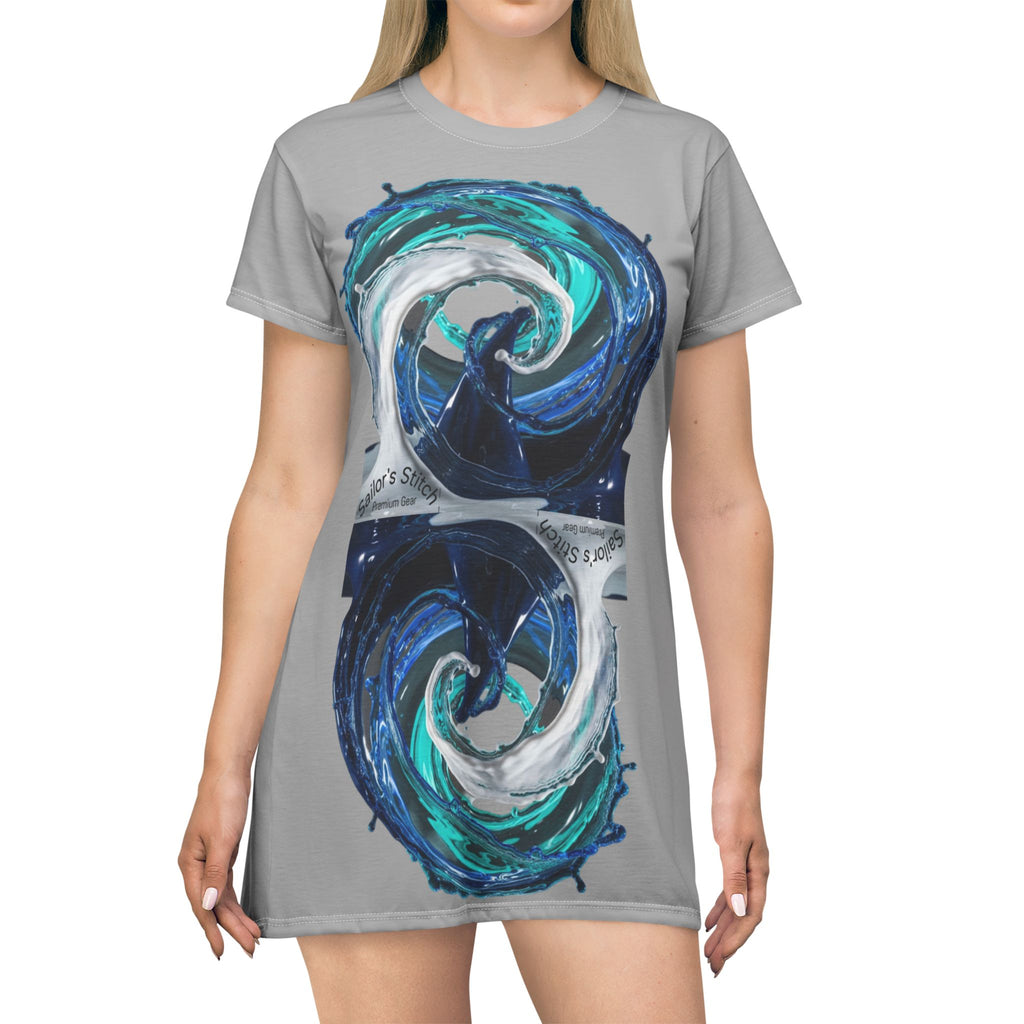 Yacht Wake Design T-Shirt Dress, Nautical Summer Outfit, Custom Crew Wear, Beach Coverup, Sailor apparel, Women's Casual Dress