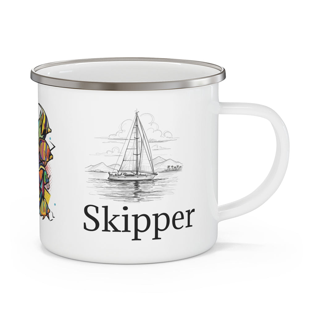 Pop Art Skipper Sailors Enamel Mug, Nautical Sailboat Cup, Ocean Adventure Gift, Camping Coffee Mug, Outdoor Enamel Mug, Coastal Drinkware, Galley accessories