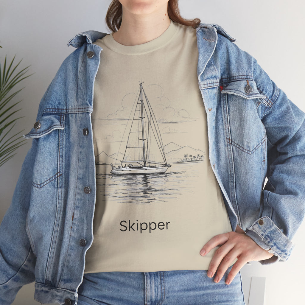 ‘Skipper’ & Yacht Design Heavy Cotton Boat Tee, Sailor’s Stitch customisable name, Ocean Theme Shirt, Casual Wear, Gift for Sailors, Apparel, Inspirational Tee