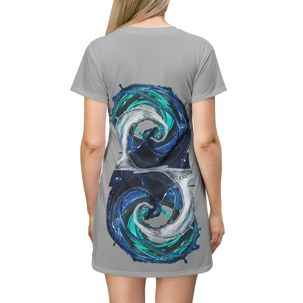 Yacht Wake Design T-Shirt Dress, Nautical Summer Outfit, Custom Crew Wear, Beach Coverup, Sailor apparel, Women's Casual Dress