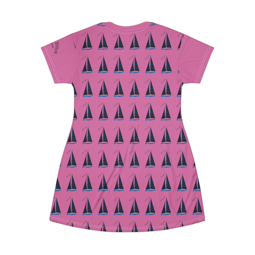 Pink Yacht Sailor's Stitch T-Shirt Dress, Personalisable Custom Crew Wear, Nautical gift, Boat Wear