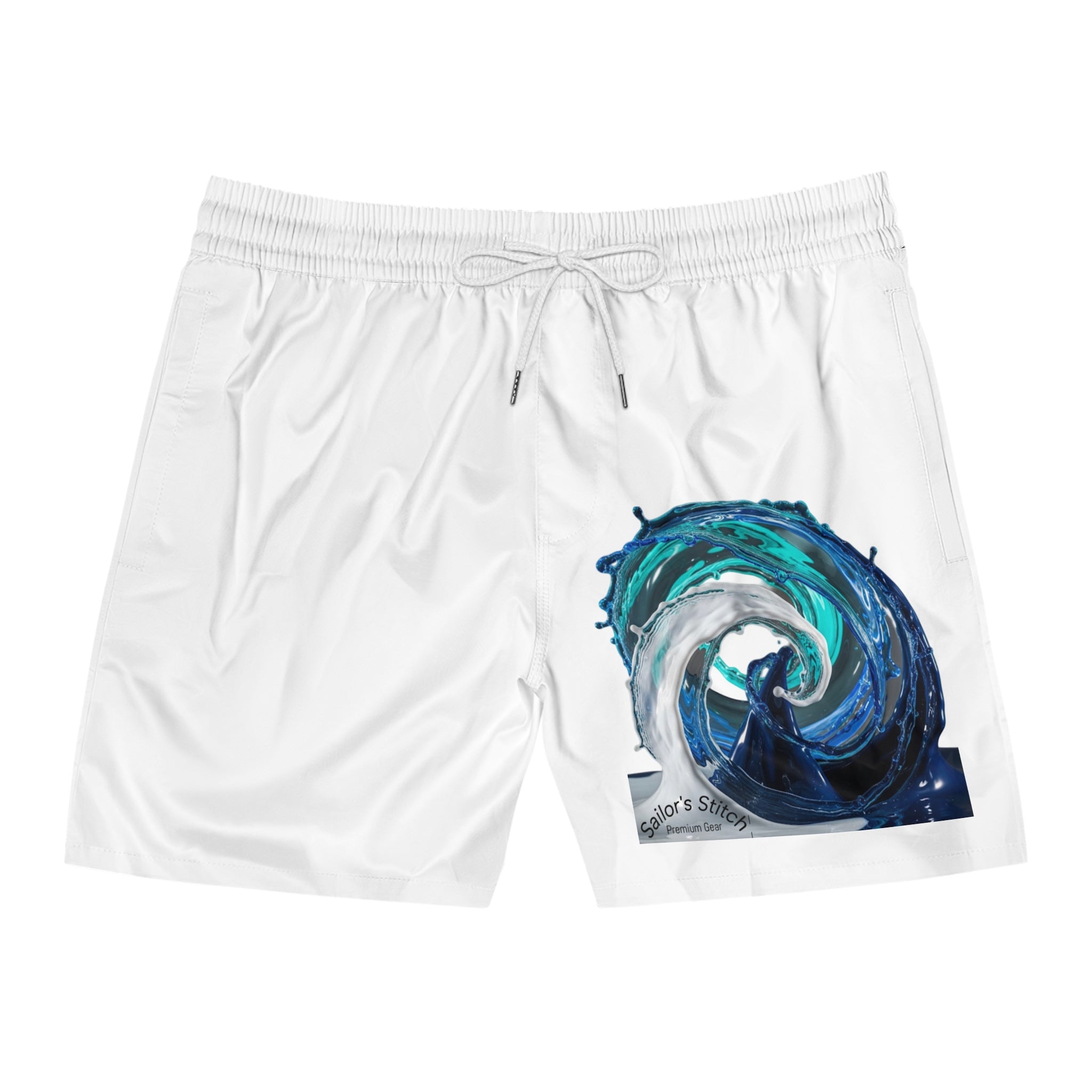 Nautical Yacht Wake-Designed Men's Mid-Length Swim Shorts, Mesh Pockets, Polyester & Spandex Swimwear, Pool Party Wear, Custom name option, Ocean Wave Inspired, Sailing apparel