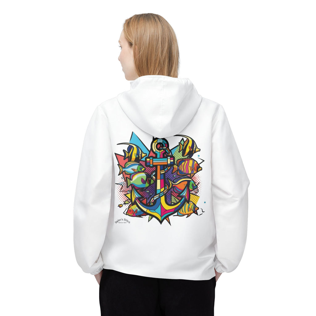 Sailors Stitch White Pop Art  Windbreaker Jacket, Customisable Name, Nautical Outerwear, Lightweight Coat, Sailboat Apparel, Boating Gear