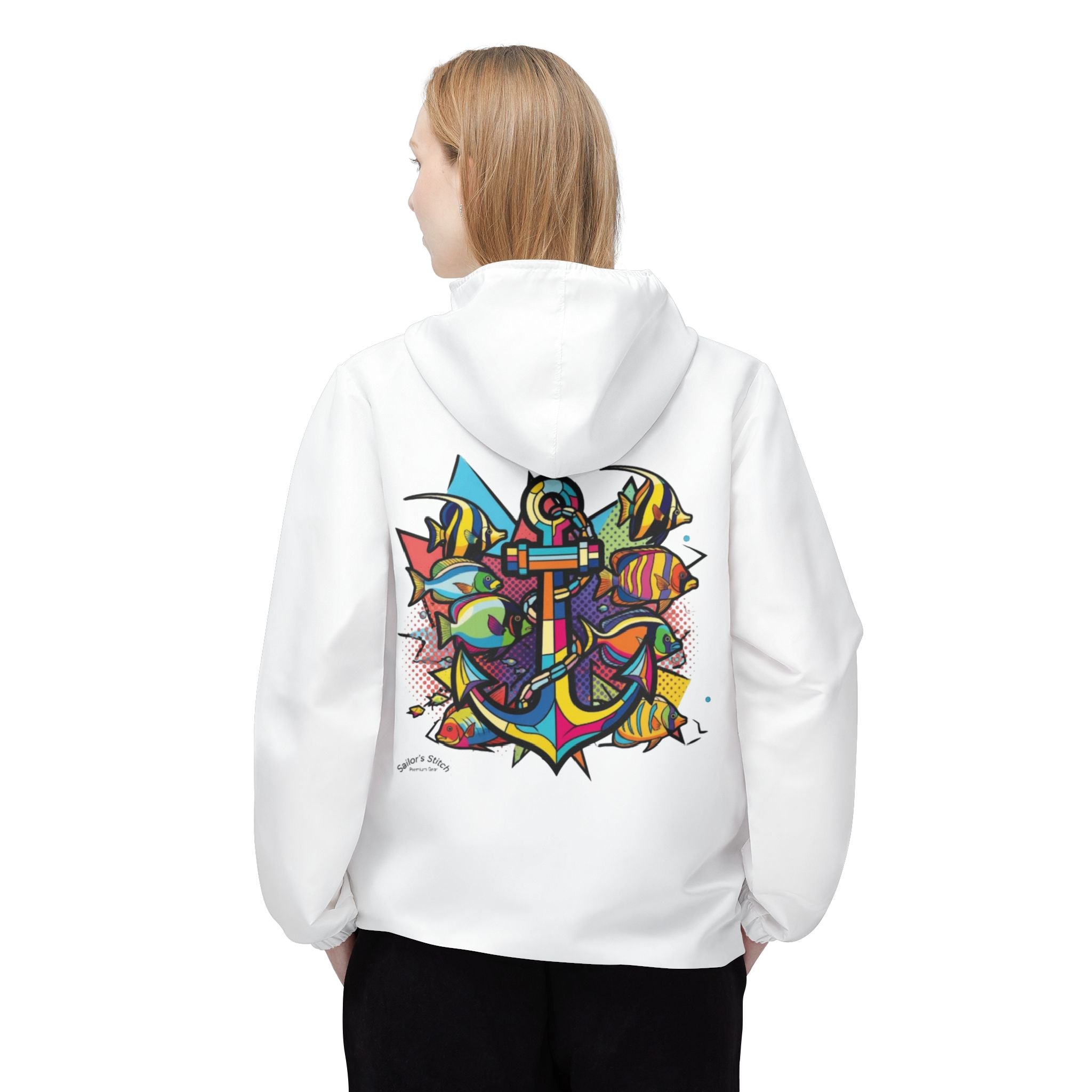 Sailors Stitch White Pop Art  Windbreaker Jacket, Customisable Name, Nautical Outerwear, Lightweight Coat, Sailboat Apparel, Boating Gear