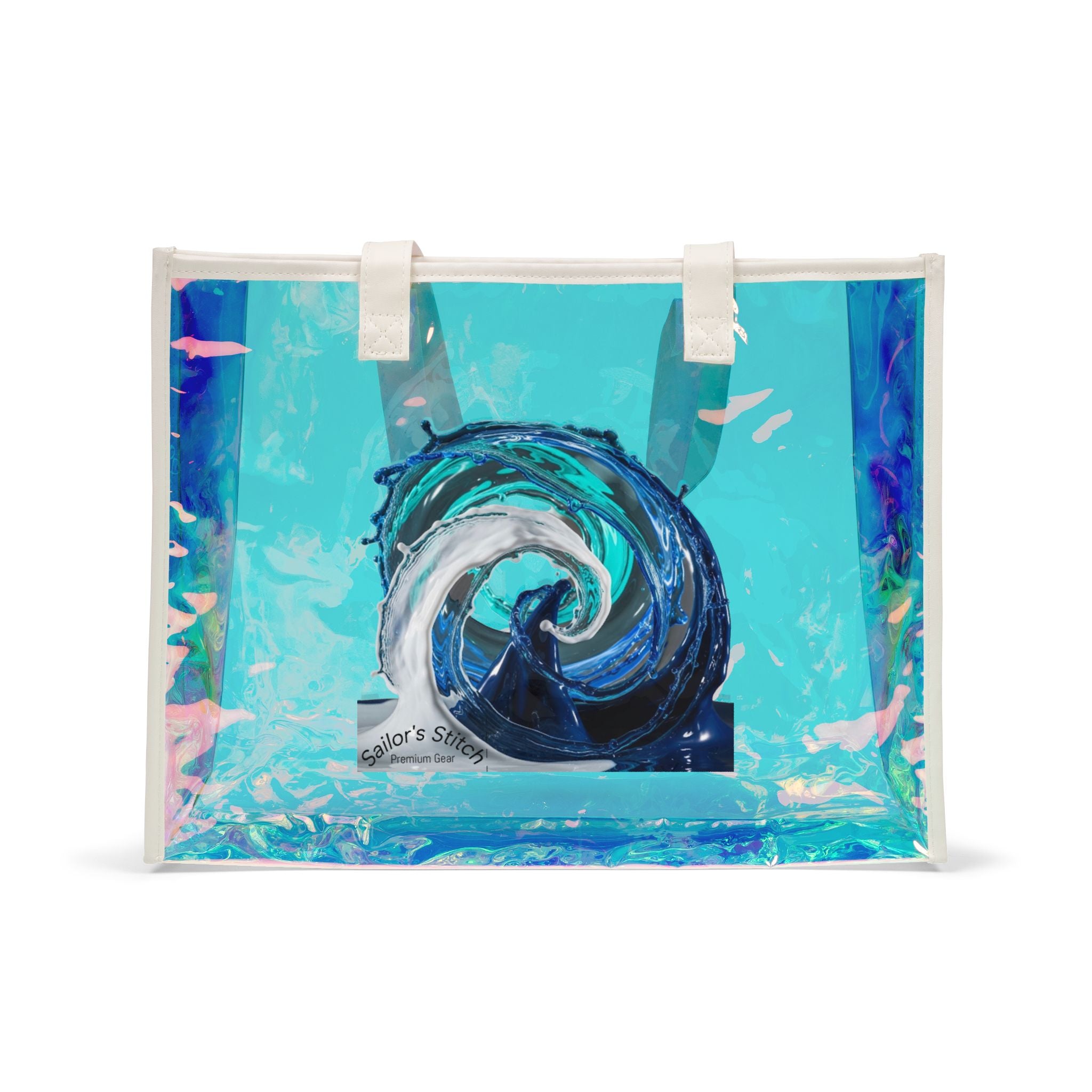 Nautical Wave Holographic Beach Tote Bag, Custom name option, Stylish PVC Sailing Tote, Shiny Pool Tote Accessories, Perfect for Vacations, Transparent Beach Bag