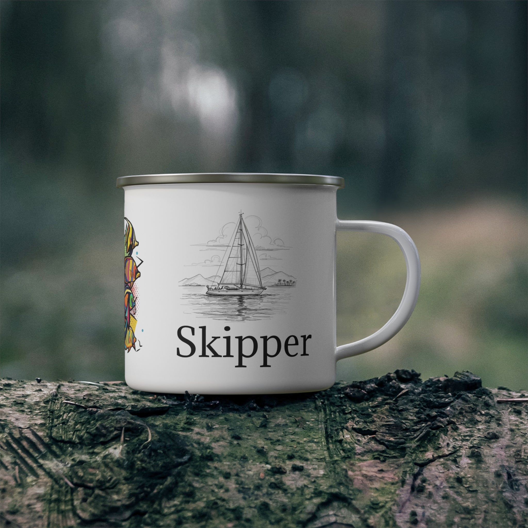 Pop Art Skipper Sailors Enamel Mug, Nautical Sailboat Cup, Ocean Adventure Gift, Camping Coffee Mug, Outdoor Enamel Mug, Coastal Drinkware, Galley accessories