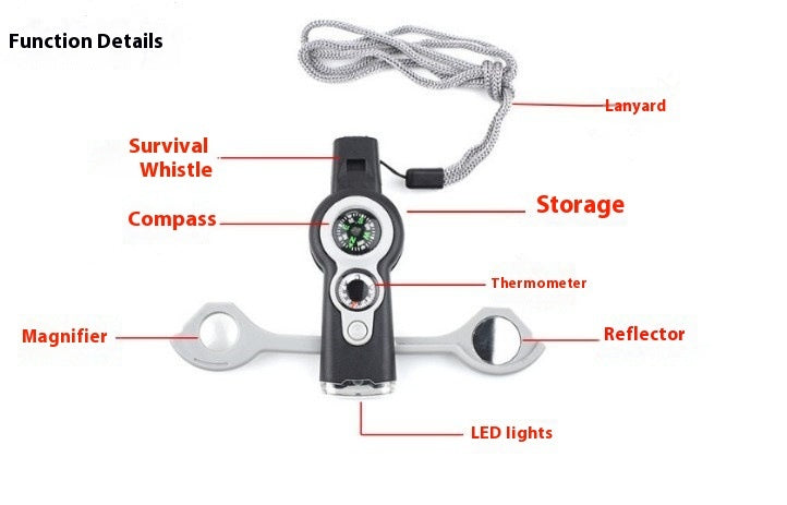 Compass & Reflector With LED Light, Thermometer, Survival Lifesaving Whistle, Magnifier and Lanyard / Nautical Accessories