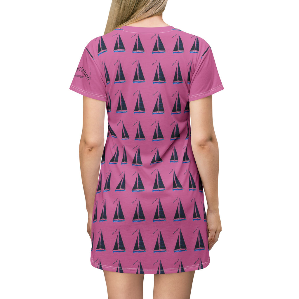 Pink Yacht Sailor's Stitch T-Shirt Dress, Personalisable Custom Crew Wear, Nautical gift, Boat Wear