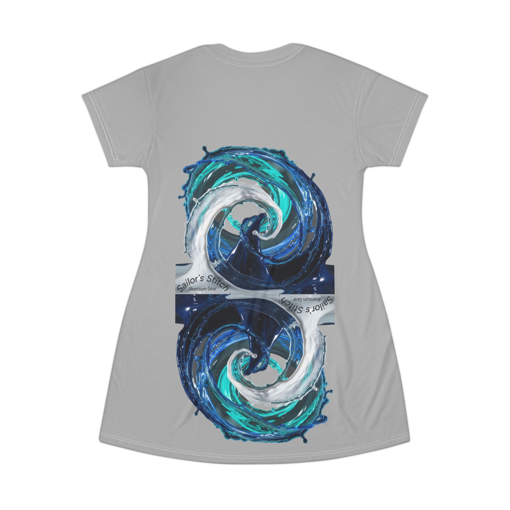 Yacht Wake Design T-Shirt Dress, Nautical Summer Outfit, Custom Crew Wear, Beach Coverup, Sailor apparel, Women's Casual Dress