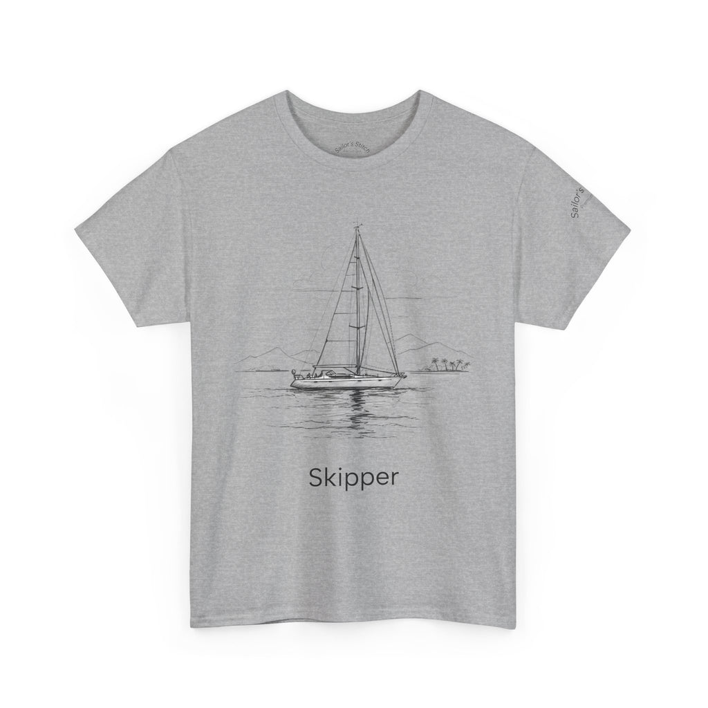‘Skipper’ & Yacht Design Heavy Cotton Boat Tee, Sailor’s Stitch customisable name, Ocean Theme Shirt, Casual Wear, Gift for Sailors, Apparel, Inspirational Tee