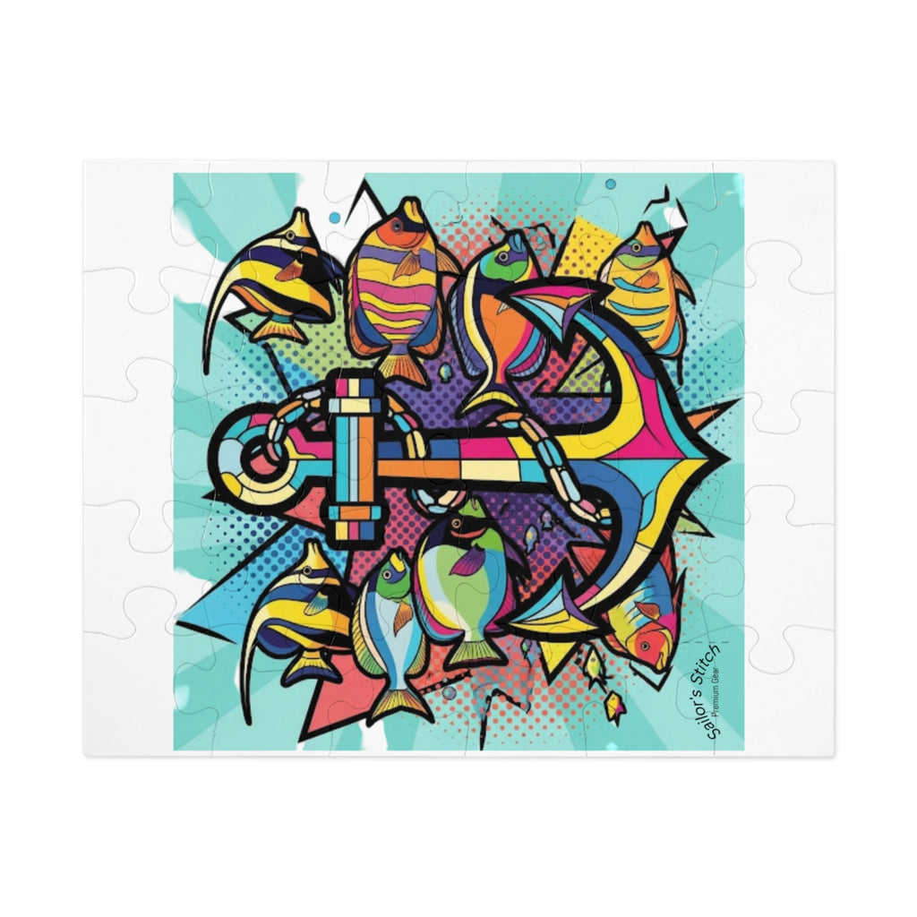 Pop Art Anchor & Fish Youth Jigsaw Puzzle with Tin, Custom Name Option Gift for Marine Lovers, Fun Family Activity, Relaxation Puzzle, Nautical saloon accessories