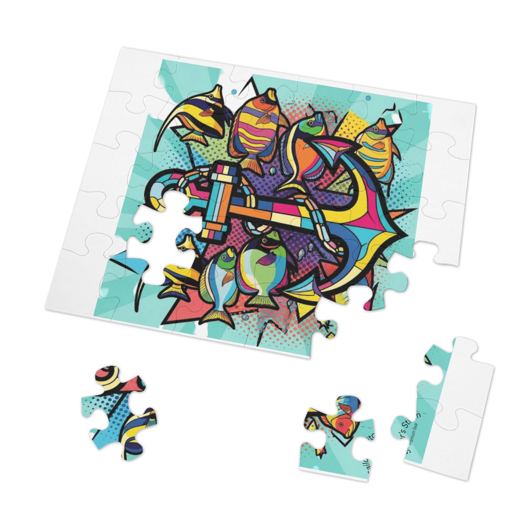 Pop Art Anchor & Fish Youth Jigsaw Puzzle with Tin, Custom Name Option Gift for Marine Lovers, Fun Family Activity, Relaxation Puzzle, Nautical saloon accessories