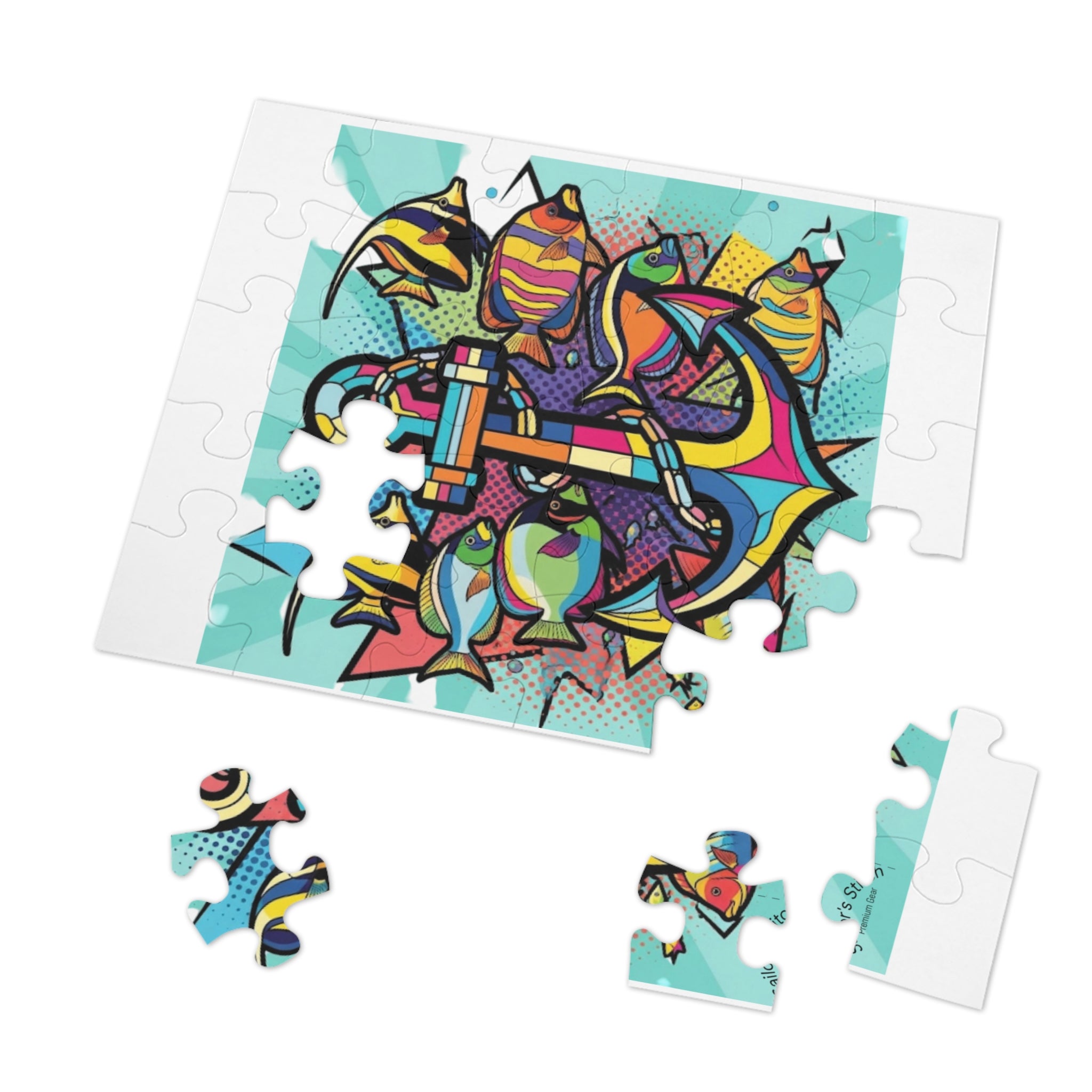 Pop Art Anchor & Fish Youth Jigsaw Puzzle with Tin, Custom Name Option Gift for Marine Lovers, Fun Family Activity, Relaxation Puzzle, Nautical saloon accessories