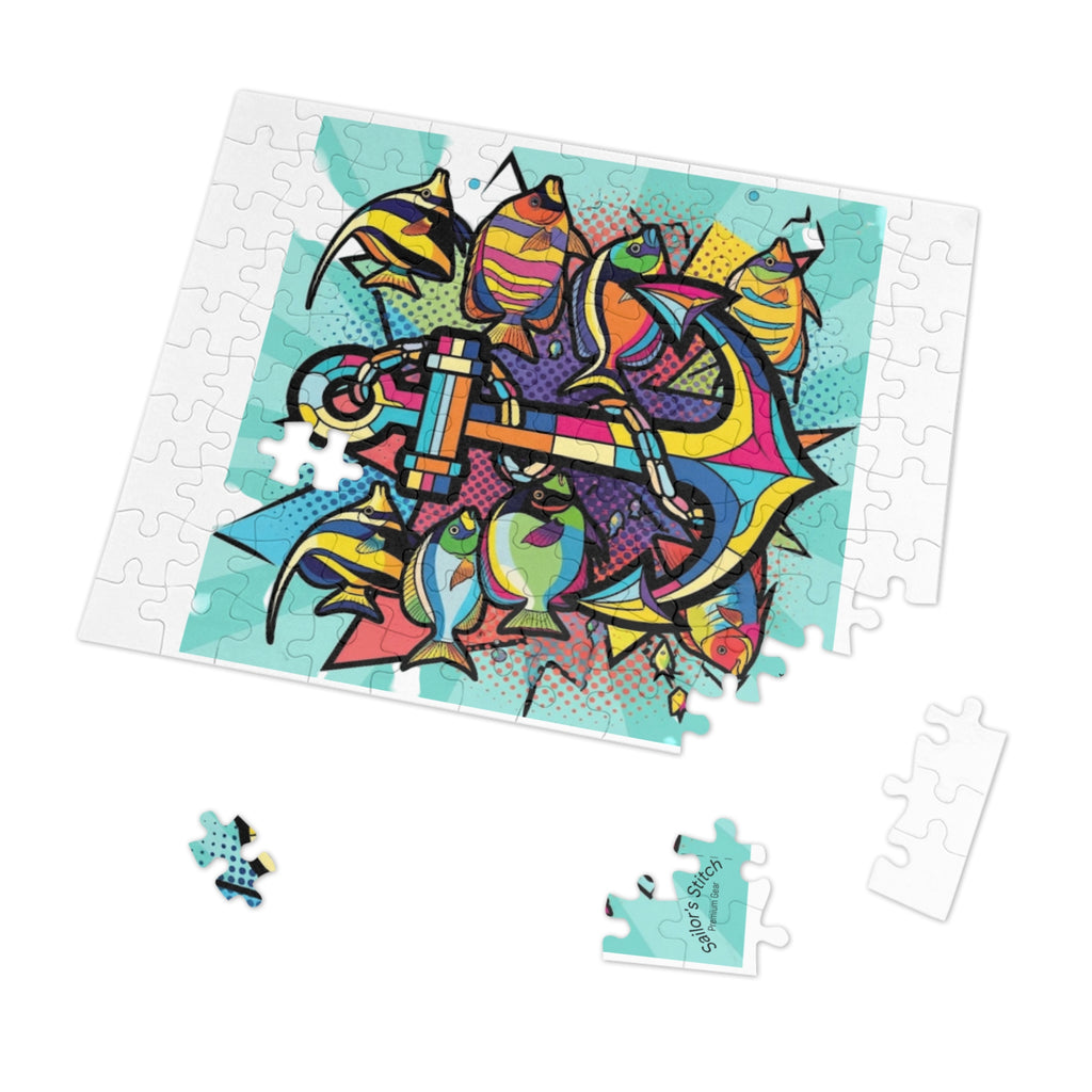 Pop Art Anchor & Fish Youth Jigsaw Puzzle with Tin, Custom Name Option Gift for Marine Lovers, Fun Family Activity, Relaxation Puzzle, Nautical saloon accessories