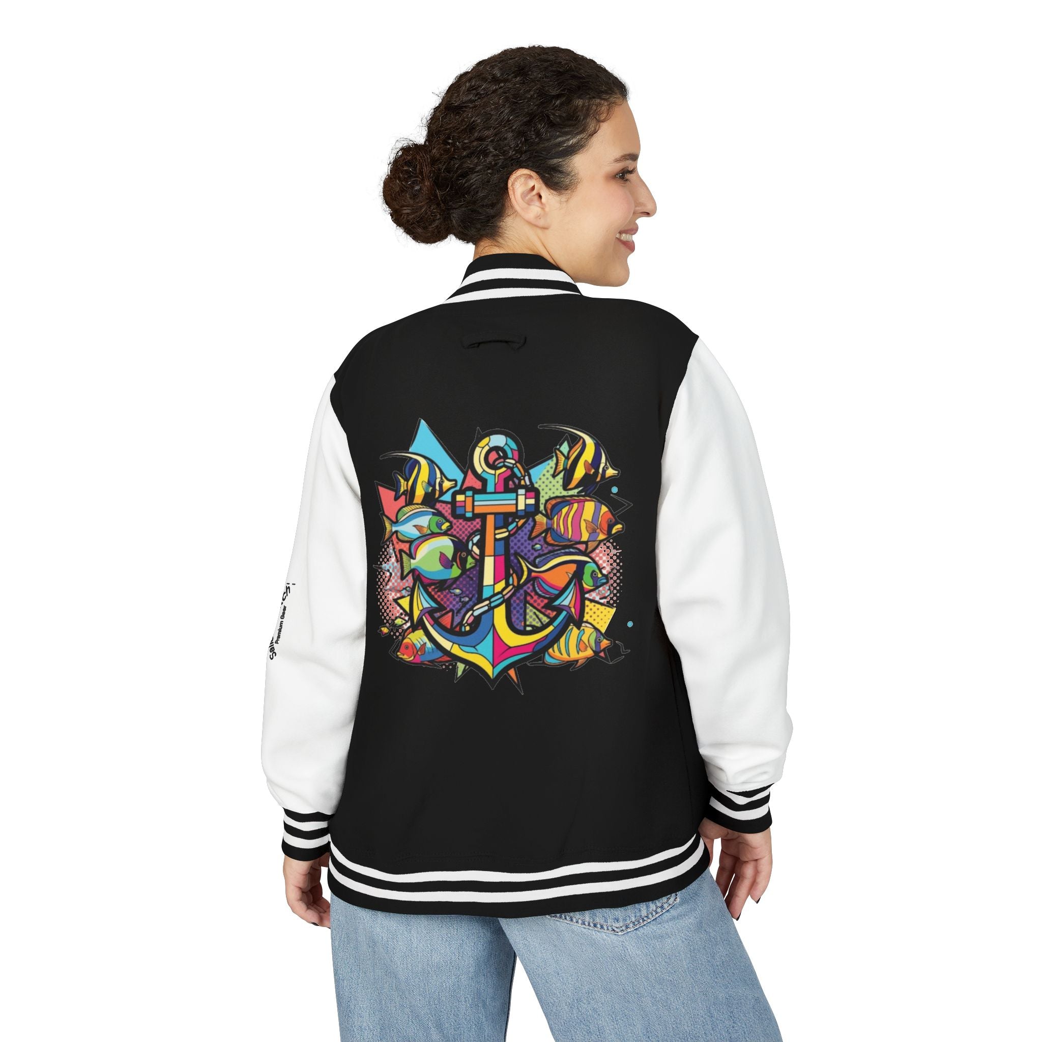 Jacket. Yacht Anchor Pop Art Sailors Stitch Outerwear, Unisex Heavyweight Letterman Jacket Retro, Nautical apparel, Sports Events, Casual Outings, and Gift Giving