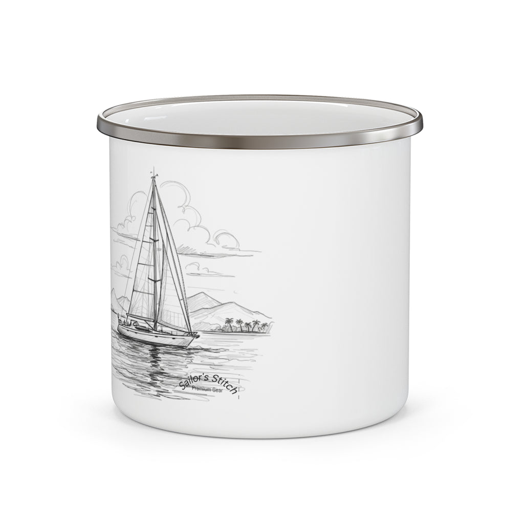 White Sailors Enamel Mug, Sailors Stitch Nautical Sailboat Cup, Ocean Adventure Gift, Camping Coffee Mug, Outdoor Enamel Mug, Drinkware, Galley accessories
