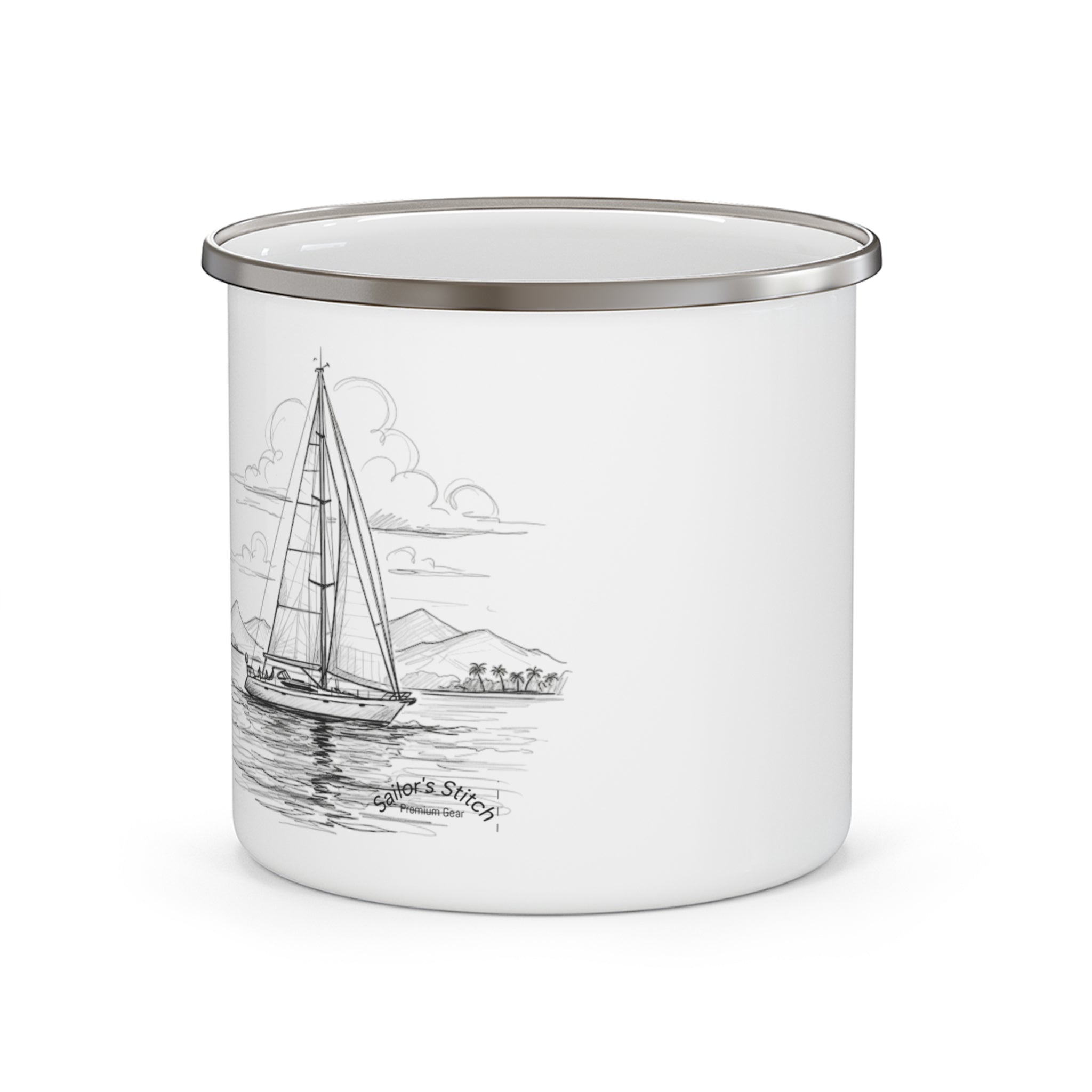 White Sailors Enamel Mug, Sailors Stitch Nautical Sailboat Cup, Ocean Adventure Gift, Camping Coffee Mug, Outdoor Enamel Mug, Drinkware, Galley accessories