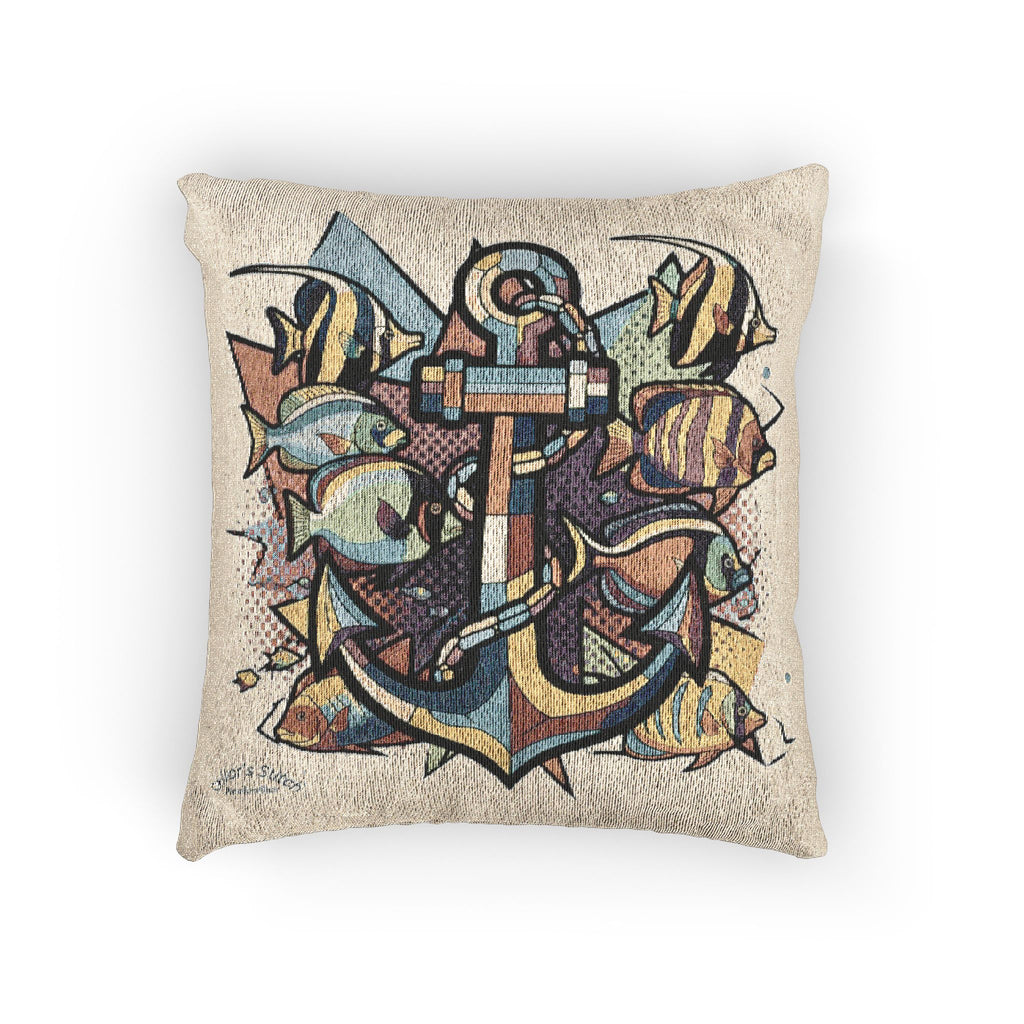 Pop Art Anchor & Fish Woven Pillow / Cushion, Decorative Throw Pillow, Sofa Accent, Home Decor, Duplicate design on both sides, Living Room Accessory, Salaoon & Cabin accessories