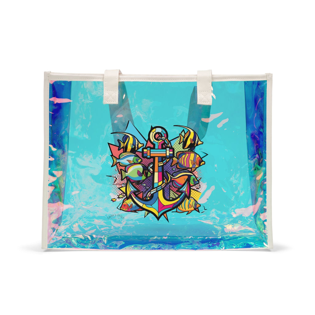 Anchor Pop Art Holographic Boat Tote Bag, Custom name option, Stylish PVC Sailing Tote, Shiny Pool Tote Accessories, Perfect for Vacations, Transparent Beach Bag