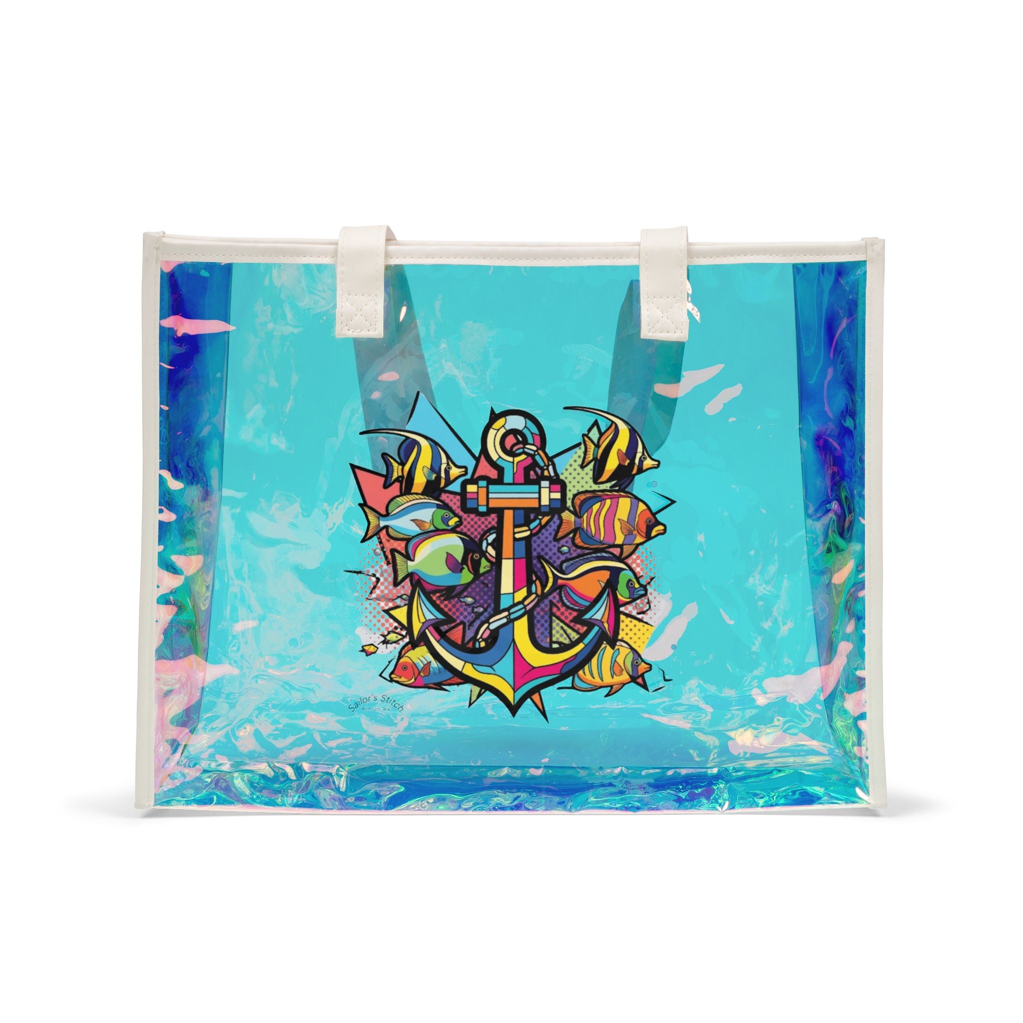 Anchor Pop Art Holographic Boat Tote Bag, Custom name option, Stylish PVC Sailing Tote, Shiny Pool Tote Accessories, Perfect for Vacations, Transparent Beach Bag