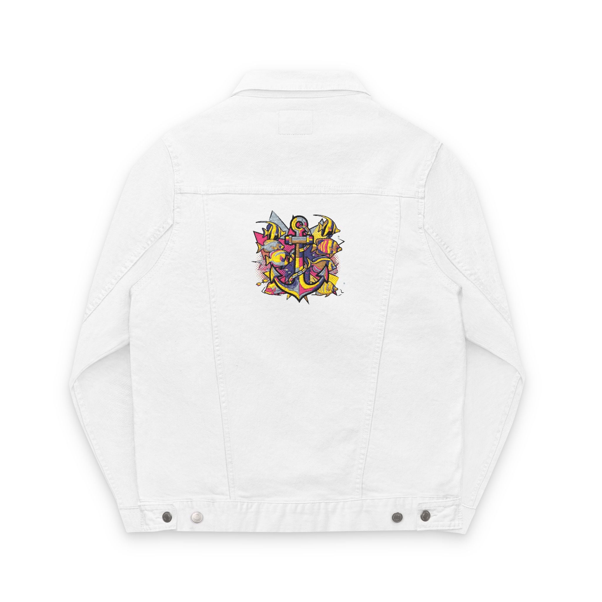 Unisex Embroidered Denim Pop Art Sailor  Jacket, Casual Outerwear, Summer Layering, Perfect for Festivals, Unique Gift Idea, Nautical apparel