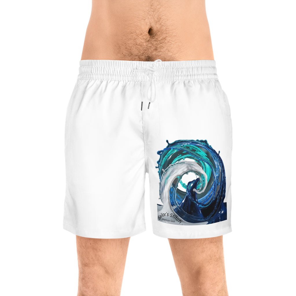 Wave-Designed Men's Mid-Length Swim Shorts, Beach Ready, Summer Vibes, Pool Party, Vacation Essential, Ocean Inspired