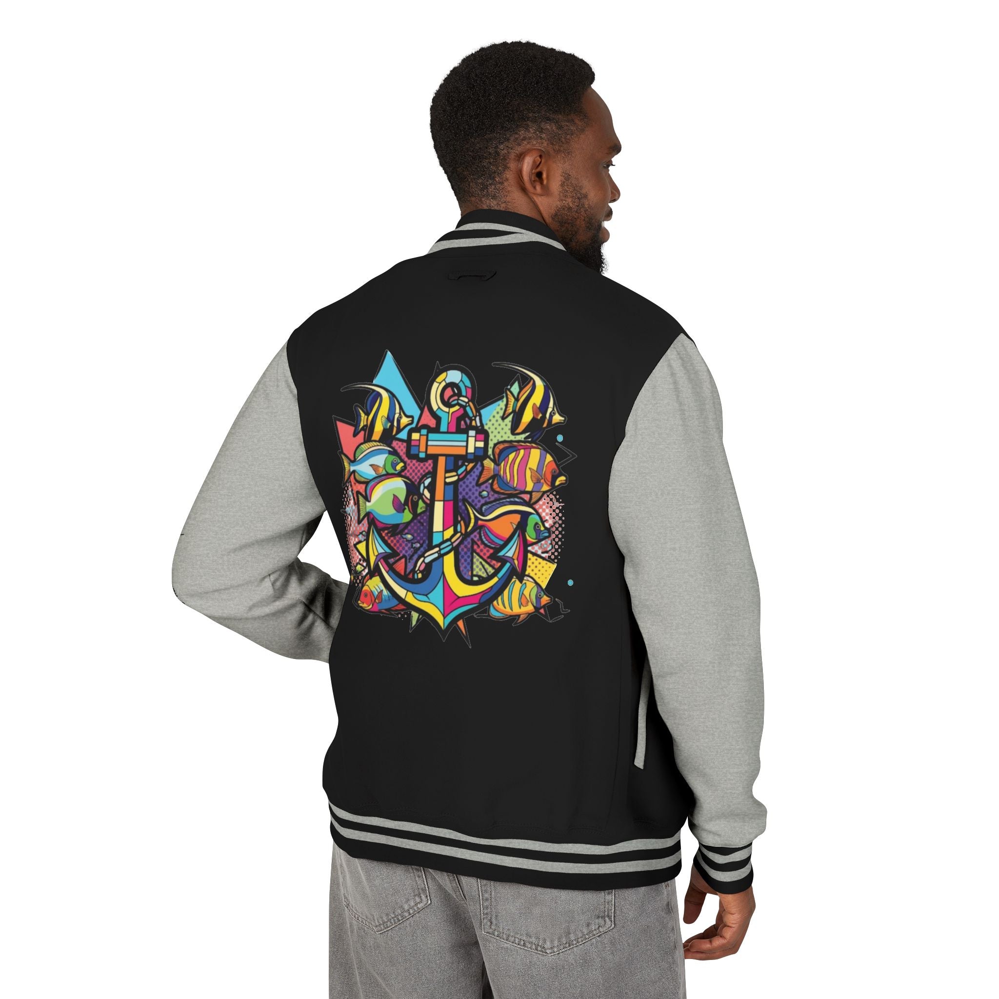 Jacket. Yacht Anchor Pop Art Sailors Stitch Outerwear, Unisex Heavyweight Letterman Jacket Retro, Nautical apparel, Sports Events, Casual Outings, and Gift Giving