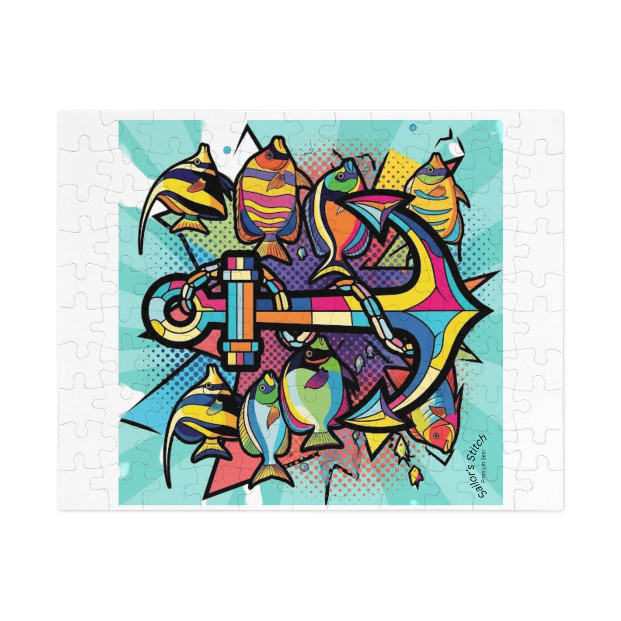 Pop Art Anchor & Fish Youth Jigsaw Puzzle with Tin, Custom Name Option Gift for Marine Lovers, Fun Family Activity, Relaxation Puzzle, Nautical saloon accessories