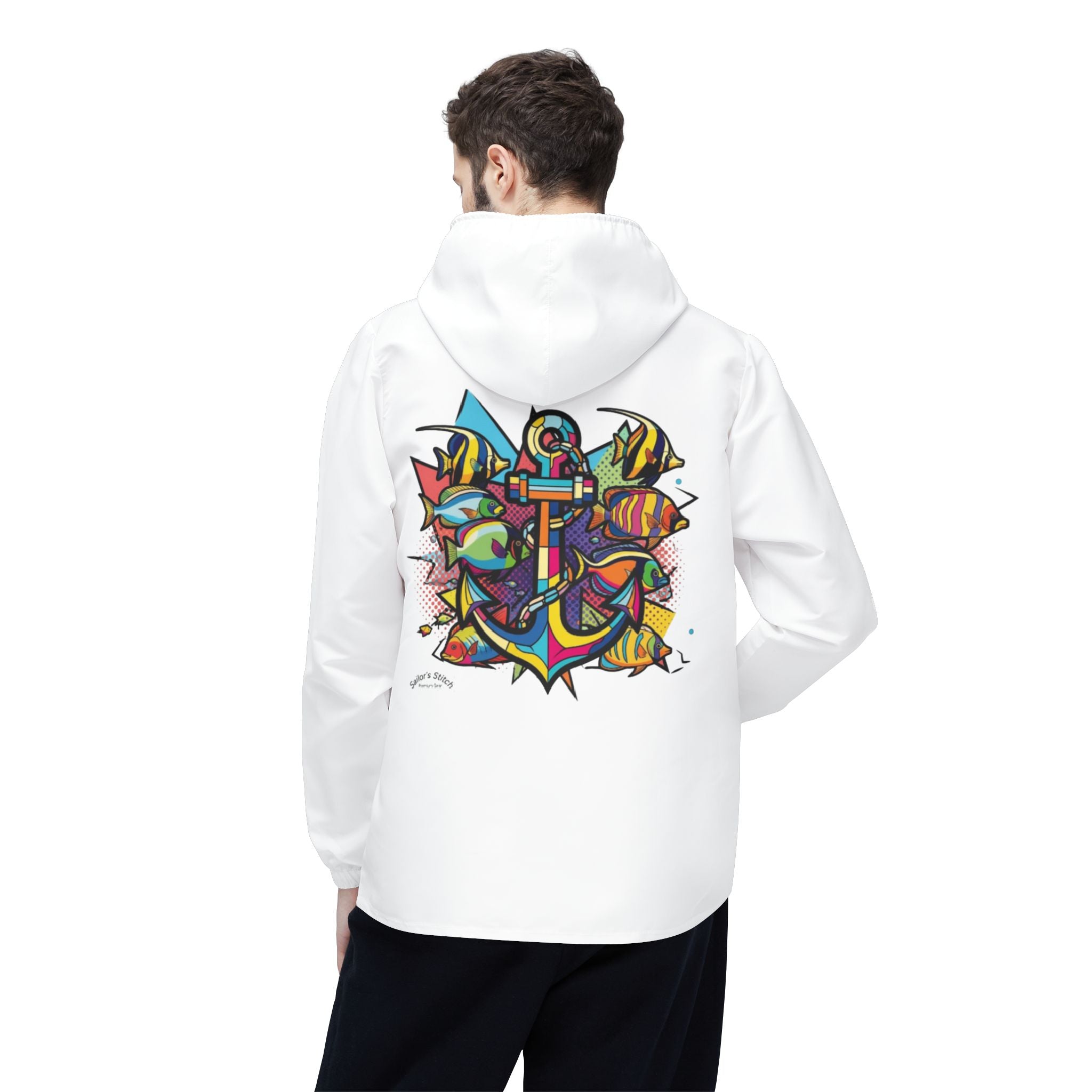 Jacket. Pop Art Sailors Stitch White Windbreaker, Customisable Name, Nautical Outerwear, Lightweight Coat, Sailboat Apparel, Boating Gear, Nautical apparel