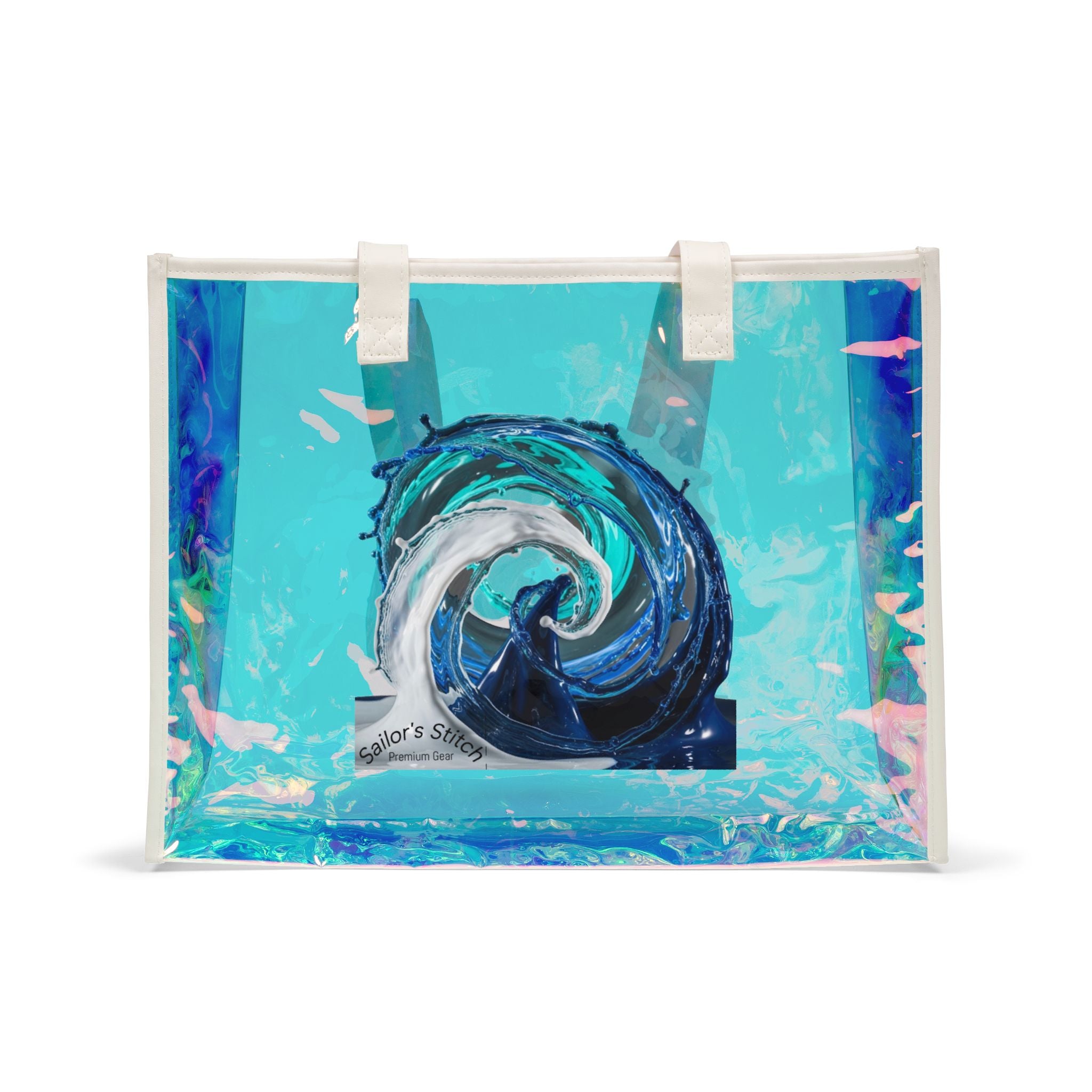 Nautical Wave Holographic Beach Tote Bag, Custom name option, Stylish PVC Sailing Tote, Shiny Pool Tote Accessories, Perfect for Vacations, Transparent Beach Bag
