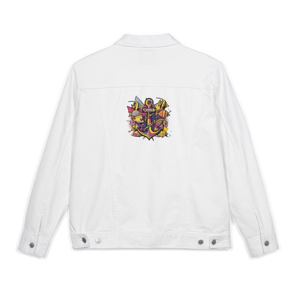 Unisex Embroidered Denim Pop Art Sailor  Jacket, Casual Outerwear, Summer Layering, Perfect for Festivals, Unique Gift Idea, Nautical apparel