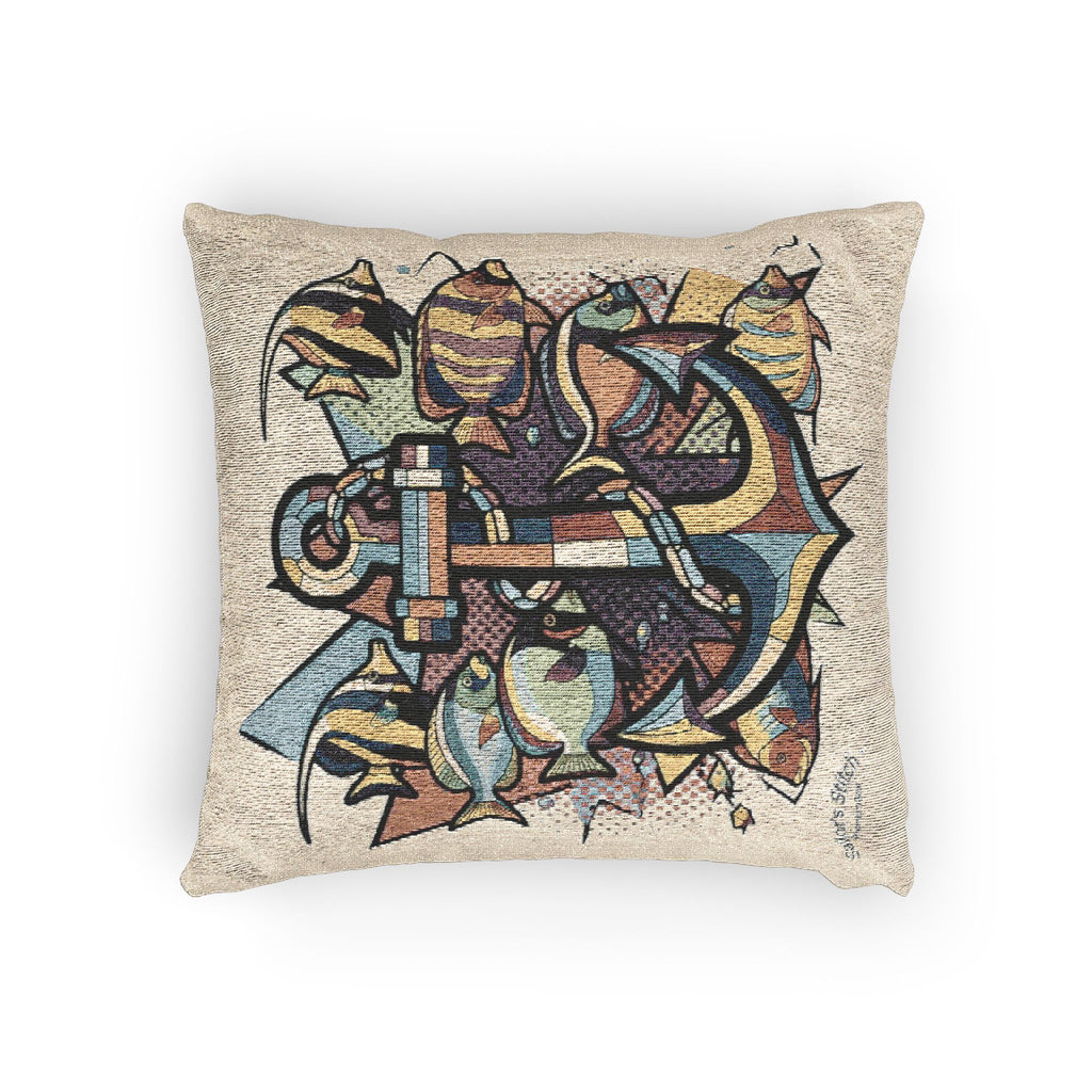 Pop Art Anchor & Fish Woven Pillow / Cushion, Decorative Throw Pillow, Sofa Accent, Home Decor, Duplicate design on both sides, Living Room Accessory, Salaoon & Cabin accessories